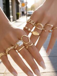 "12PCS Women's Adjustable Ring Set - Gold Retro Chain/Geometric/Baroque Pearl Design Fashion Finger Jewelry For Daily & Streetwear" - Pearl Geometric 12 Pieces - View 7