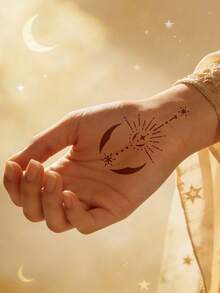 Juego de 8 plantillas de tatuajes temporales con patrones de estrellas, lunas y flores - Textura hueca delicada, reutilizables, aptos para tatuajes personalizados DIY, fiestas y decoración corporal diaria, fáciles de crear efectos de tatuaje únicos y exquisitos - Negro - Ver 6
