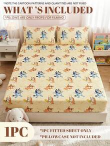 Bluey 1件装布鲁伊主题床笠，床上用品，床垫保护套，床罩，床单，舒适家纺，透气防起球床垫保护套，布鲁伊小爱心主题，卡通床罩，家居装饰，卧室宿舍装饰床罩，适用于所有尺寸的床 - 单人床、双人床、大号床、特大号床，四季皆宜，可机洗，防尘防滑，不含枕头和枕套，完美的节日礼物，房间装饰 - 彩色 - 查看 3