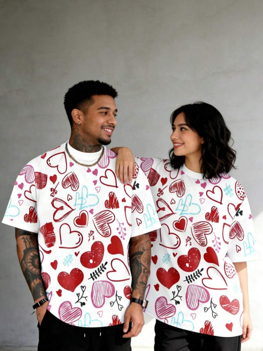 1pc Men's Fashionable Round Neck Short Sleeve T-Shirt, 3D Digital Printing Heart Pattern, Comfortable For Summer Vacation & Daily Wear, Couple - White - View 1