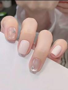 10pcs Pure Handmade Press On Nails Short Nails Square Nails Pink Nails Gentle High-End Style Light Pink Solid Color With Transparent Cat Eye Glitter Diamond Embellishments Minimalist Cute Exquisite Press-On Nails For Women And Girl,Spring Summer Fall Winter Festivals Party And Dailys Life Use - Pink - View 2