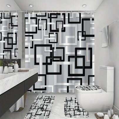 1/4 Set Gray Geometric Grid Shower Curtain, Bathroom Curtains, Toilet Seat Cover And Bath Mat - Washable Polyester, All Season Bathroom Decor, With Artistic Black And White Pattern, 70.8*70.8 Inch Hooks, Bathroom Decor | Modern Bathroom Decor | Durable Shower Curtain, Bathroom Decor, All Season
