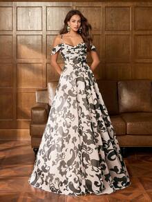Faeriesty Vestido maxi de hombros abiertos elegante para mujer: Vestido ajustado con estampado floral, espalda cruzada, tirantes de espagueti y volantes escalonados en el bajo, con tirantes ajustables - Perfecto para sesión de fotos nupcial, invitada de boda de jardín, celebración de aniversario, escapada romántica, fiestas formales de primavera en interiores, color negro - Negro - Ver 6