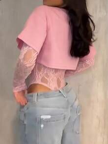 Áo croptop tay ngắn ren xuyên thấu gợi cảm dành cho nữ, áo liền thân ren phối màu trơn, thích hợp mặc hàng ngày, hẹn hò, tiệc tùng, biểu diễn sân khấu, màu hồng thanh lịch mùa xuân/hè. - Hồng - Xem 3