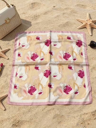 1pc Elegant Floral Print 70cm Silk-Like Small Square Scarf, Women Fashion Versatile Bandana, Waist Belt, Bag Decor, Hair Accessory, Suitable For Daily Wear