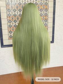 合成耐热4x2 U型蕾丝假发，无刘海，32英寸，超长直发，自然柔软，橄榄绿逼真假发，易于佩戴，合成纤维材质，耐热，自然逼真，适合女孩聚会、角色扮演和日常佩戴 - 橄欖綠 - 查看 6