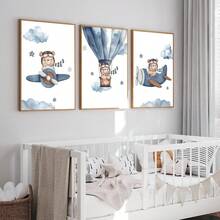 1幅帆布墙画 - 飞熊主题婴儿房装饰：飞机和热气球设计婴儿用品 - 带框幼儿房墙画，非常适合游戏室装饰、幼儿园装饰、男孩房装饰、女孩卧室装饰、儿童房装饰 - 彩色 - 查看 9
