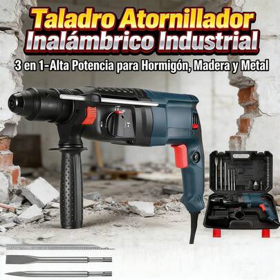 Taladro de Impacto Multifuncional - Herramienta de Ferretería para Taladrado, Cincelado y Demolición/Taladro Atornillador Inalámbrico Industrial 3 en 1 - Alta Potencia para Hormigón, Madera y Metal