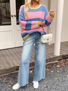 Womens Oversized Sweaters Casual Long Sleeve Striped Color Block Crewneck Knitted Loose Fall Pullover Tops - Hồng - Xem 5