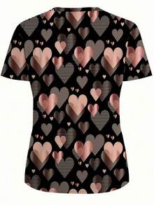 Plus Size Black Rose Gold Heart Print V-Neck Short Sleeve Woven Work Blouse Spring Fall - Multicolor - View 2