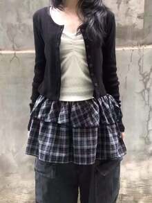 简约罗纹纽扣休闲开衫，百搭显瘦，韩版风格，春夏款 - 黑色 - 查看 3