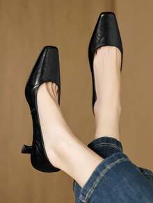 法式方头浅口细跟高跟鞋，简约高端通勤女鞋，优雅真皮高跟鞋，春秋季 - 黑色 - 查看 2