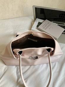 1个女士大容量手提包，PU皮革单肩包，休闲经典简约设计师商务风格包，时尚女士通勤包，黑色、白色、棕色、银色 - 粉色 - 查看 6