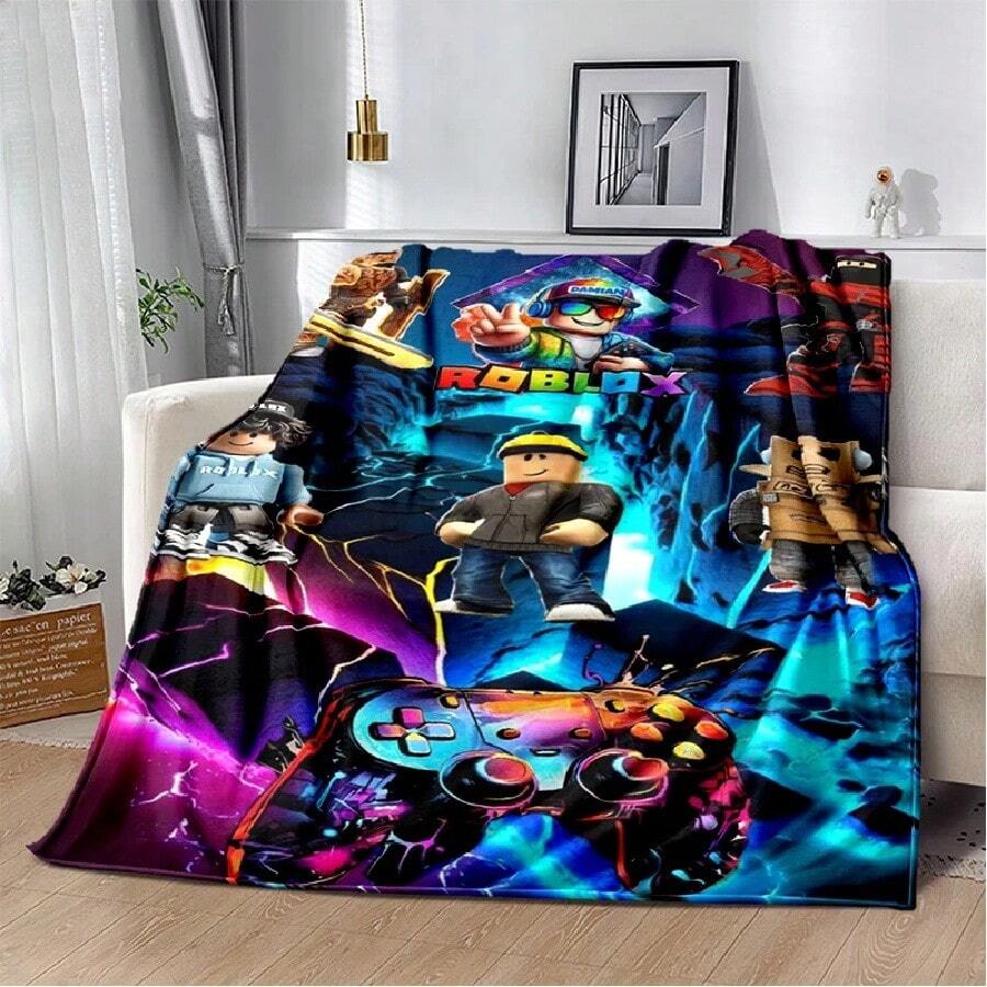 3D Cartoon R-Robloxs Game Flannel Blanket Soft Warm Throw Blanket For Bedroom Living Room Bed Travel Camping Picnic Gift.Jpg - 白色 - 查看 1