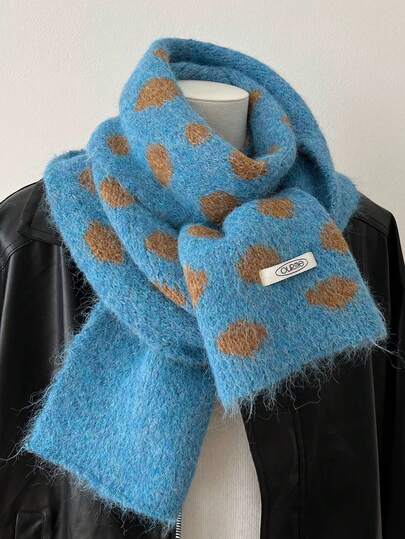 1 件装时尚撞色波点针织围巾，柔软保暖的抓绒内衬，适合女性、学生和冬季佩戴