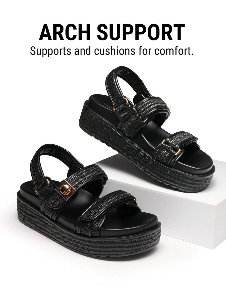 Women's Arch Support 1.61-Inch Platform Wedge Sandals Comfortable Open Toe Casual Dressy With Adjustable Straps PP Straw Shoe Upper For Beach Vocation Flat Summer Black Sandals - màu đen - Xem 1