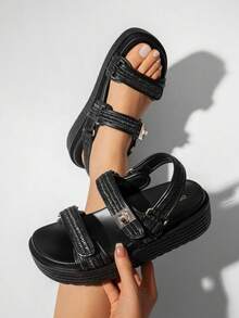 Women's Arch Support 1.61-Inch Platform Wedge Sandals Comfortable Open Toe Casual Dressy With Adjustable Straps PP Straw Shoe Upper For Beach Vocation Flat Summer Black Sandals - màu đen - Xem 2