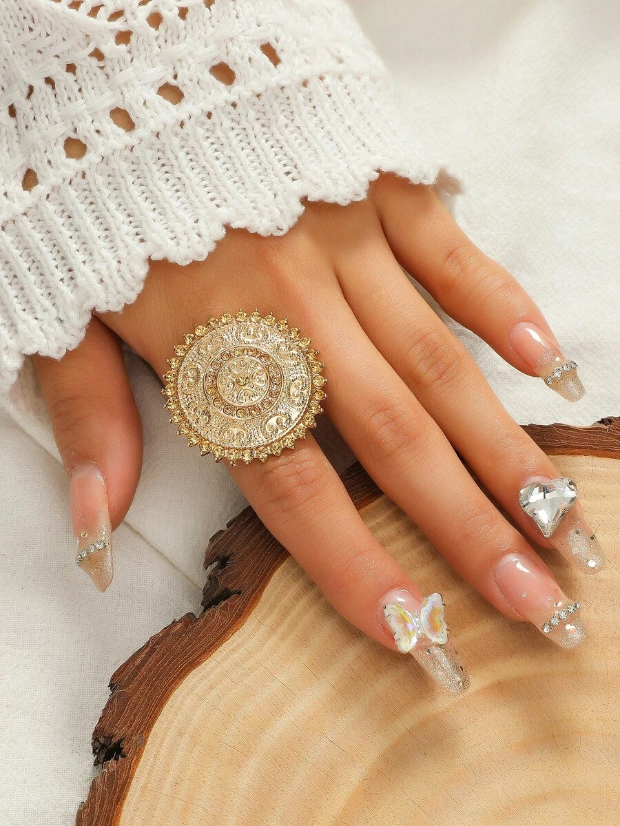 1 pieza Anillo redondo hueco ajustable de estilo bohemio con rhinestones - Champán - Ver 1