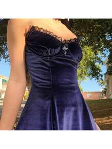 Womens Gothic Lolita Dress Velvet Camisole Dresses Sleeveless Spaghetti Strap Punk Grunge Emo Dress Goth Alt Witchy Fairy Dress Ruffle V-Neck Lace Trim Bowknot One-Piece Halloween Costumes - 紫羅蘭色 - 查看 6