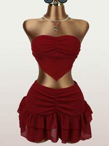 Women's Pleated Tube Top And Mini Skirt Set, Suitable For Concerts And Parties, Summer Fashion - Red - View 2