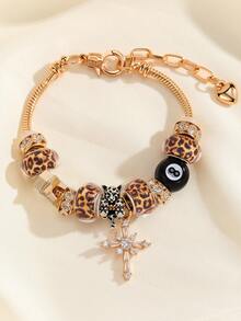 1pc Teenager DIY Beaded Bracelet With Copper Cross, Leopard Print Beads, And Black Tassels, Fashion Jewelry, Gift For Birthday - Gold - View 4