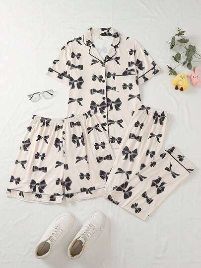 Conjunto de pijama para mujer, cárdigan con cuello y bolsillos, estampado de mariposas, top de manga corta y pantalones cortos, ropa de estar en casa cómoda y acogedora para el verano