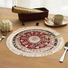 1/4/6pcs Middle Eastern Festival Series Expanding Geometric Floral Pattern Linen Printed Tassel Table Mat/Coffee Cup Coaster - Multicolor - View 4