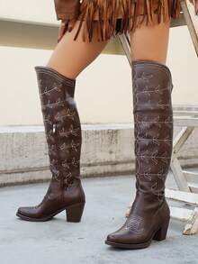 Women's Fashion Side Zipper Western Over-The-Knee Chunky Heel Cowboy Boots, Western Embroidered Retro Chunky Heel Mid-Calf V-Cut Riding Boots, Fashionable Boots - Brown - View 6