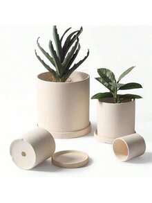 1pc Nordic Minimalist Breathable Ceramic Flower Pot With Tray, Suitable For Succulents - Beige - View 1