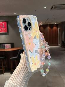 Floral Painted Braided Wave Edge Bracelet Strap Shockproof Thick Phone Protective Case, Suitable Compatible With Iphone 17/17 Pro/17 Pro Max, 16 XR/7/8, 15 Pro Max, 12 Pro Max, 13 Pro Max, 14 Pro Max, 13, 14, 11, 12, P11, P12, XS, XR, 7/8, P, 7G ES2