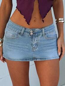 女士水洗牛仔紧身迷你裙，性感款式，纽扣设计，中等弹力面料 - 中等水洗藍 - 查看 6