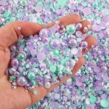 2368pcs 3-10mm Mixed Pearl Resin Rhinestone Flat Back Pearl Decoration DIY Accessories For Phone Case, Mirror, Cup, Crafts, Shoes - Light Purple-green - View 2