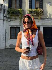 1pc Minimalist Printed Satin Square Scarf, New Spring Fashion Headscarf Women, Can Be Used As Waistband, Bag Decoration, Ribbon, Headband Or Scarf, Choice To Enhance Your Overall Look - 橘色 - 查看 4