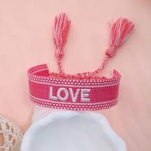 1pc Handmade Bohemian Braided Bracelet With Love Letter Embroidery And Tassel Decor - Pink - View 3