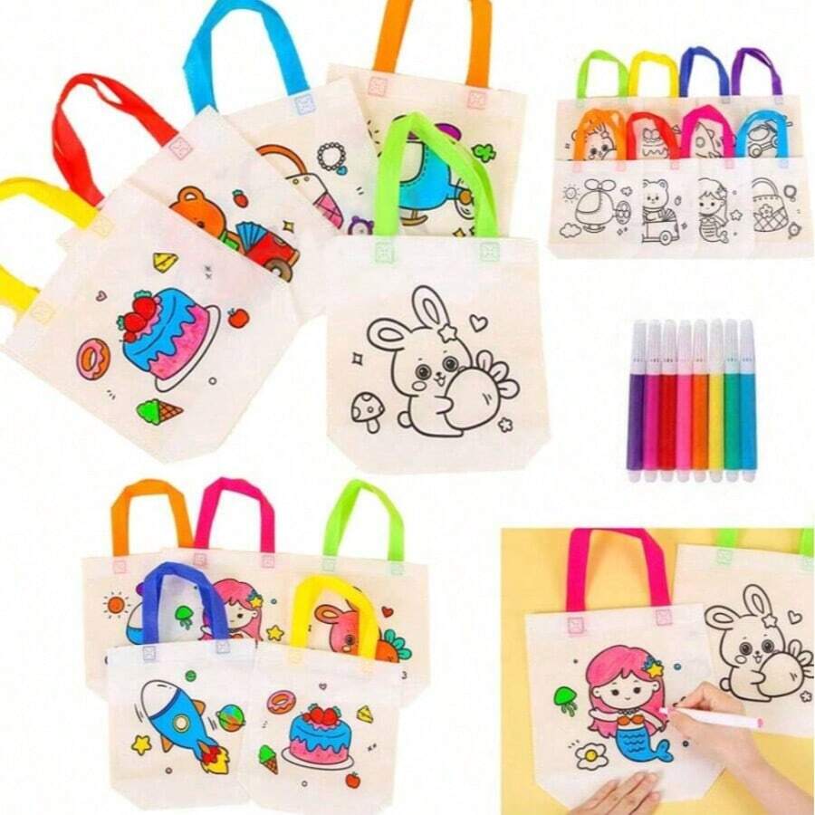 10/25pcs Random DIY Graffiti Gift Bags, Comes With 8pcs Random Color Pens, Personalized Colorful Cartoon Non-Woven Fabric Painting And Coloring Tote Bags, Suitable For Birthday Party, Christmas, Valentine's Day, Easter, New Year And Spring Festival Gifts, Gift Packaging And Storage - Multicolor - View 1