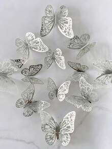 1/12Pcs/24Pcs Hollow Butterfly Wall Decals 3D Butterflies Stickers DIY Removable Refraction Shiny Gold Silver Multicolor Art Decor For Girls Bedroom Wedding Decoration Living Room Home Decor Gifts Birthday Graduation School Decor School Surprise Dormitory Decor Back To School Room Decor School Supplies , Valentine's Day, Cakes Bouquets Decorations - Silver - View 9