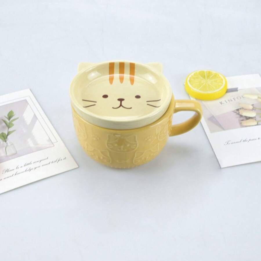Cartoon Shiba Inu And Cat Ceramic Mug Set, 1 Set , Cute Relief Home Coffee/Breakfast Milk Cup With Lid, Microwaveable, Creative Snack Tray, Birthday Gift/Back-To-School Gift - Multicolor - View 1
