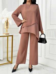 两件套纯色雪纺短袖优雅派对时尚套装 - 女士不规则套装 - 棕色 - 查看 1