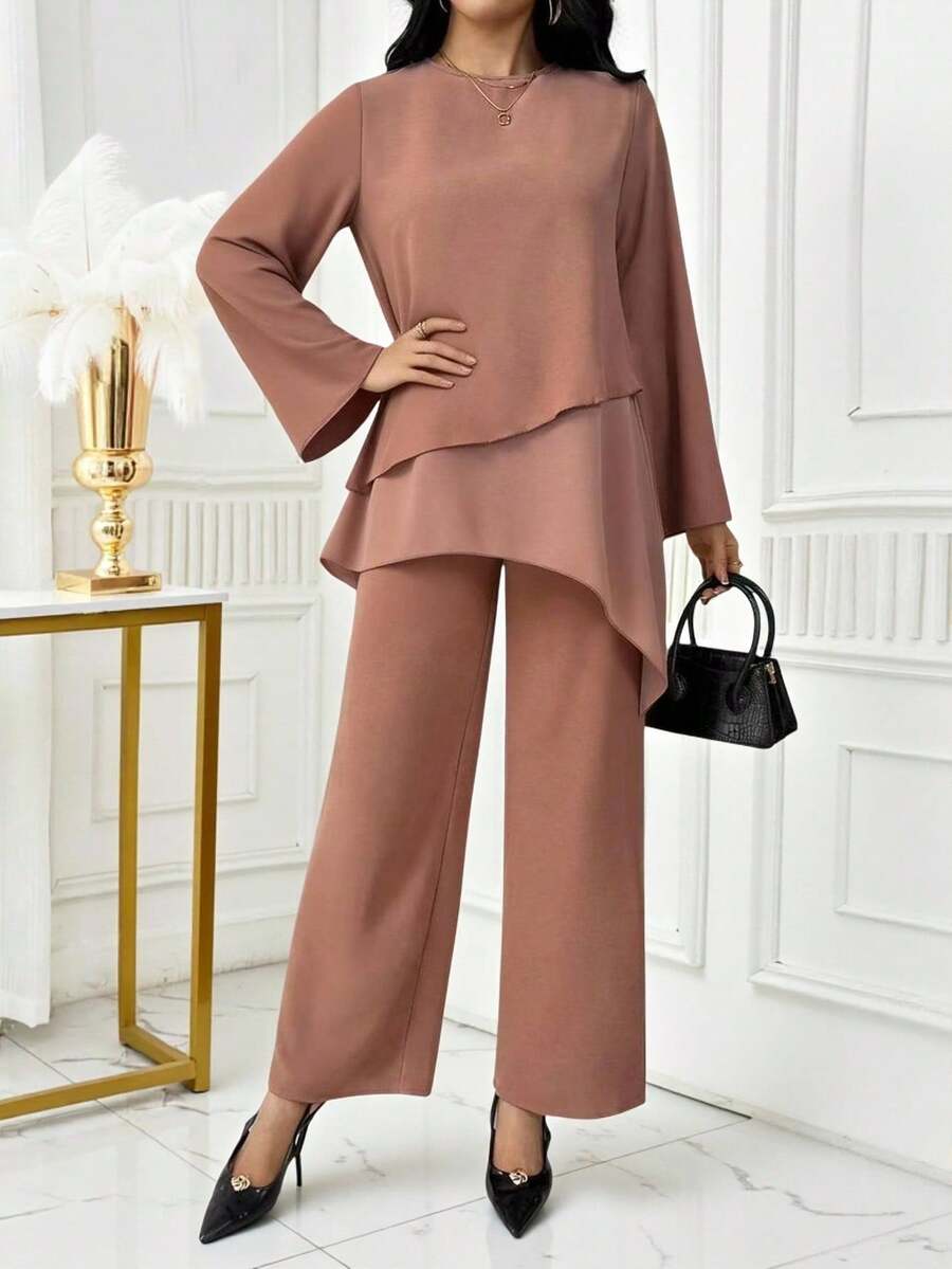 两件套纯色雪纺短袖优雅派对时尚套装 - 女士不规则套装 - 棕色 - 查看 1