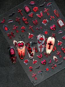 1张暗黑浪漫哥特玫瑰美甲贴纸，包含红黑玫瑰、十字架、棺材、蝙蝠、哥特娃娃，搭配蜘蛛网、雨伞、烛台和其他暗黑元素，营造神秘优雅的氛围，适合个人DIY和美甲沙龙使用。 - 彩色 - 查看 5