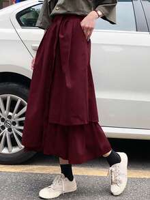 French Fashion Women's New Vacation Style Unique Asymmetric Skirt, Loose Korean Style A-Line High Waist Pleated Skirt, Elegant Skirt - Burgundy - View 4