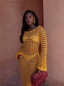 MORI Orange Hollow-Out Long Sleeve Knitted Cover Up Dress, Women's Spring/Summer New Beach Holiday Vacation Seaside Outfit, Summer Fashion Elegant Casual Loose Daily Versatile Travel Comfortable Knit Dress - Orange - View 4