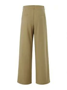 Men's Linen Pants Solid Color Pleated Mid Waist Straight Leg Casual Trousers With Pockets For Daily Office - màu xanh quân đội - Xem 7