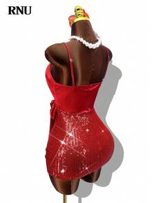 RNU 女士优雅V领亮片缎面拼接蝴蝶结扭结前襟修身连衣裙，适合约会、夜店、街头、情人节、新年、生日、狂欢节派对、春夏秋季、婚礼宾客/节日派对迷你连衣裙/吊带裙 - 紅色 - 查看 3