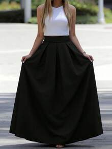 Falda de corte A de unicolor de cintura alta para looks de mujer - Negro - Ver 11