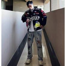 Chaqueta de motocicleta de carreras bordada con frijoles MM, ropa de béisbol de algodón holgada y retro para hombres y mujeres, abrigo con cuello alto y grueso para parejas - Negro - Estilo primavera/otoño - Ver 4