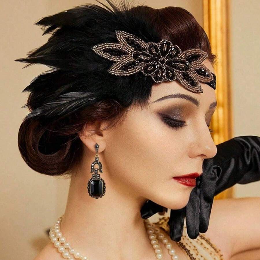 Băng đô cài tóc lông vũ cổ điển thập niên 1920, phụ kiện biểu diễn hóa trang Halloween, băng đô cô dâu. - Nhiều màu - Xem 1