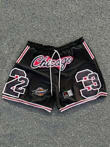 Men's Mesh Chicago 23 Letter & Number Print Casual Sports Shorts With Drawstring, Suitable For Spring/Summer - Multicolor - View 2