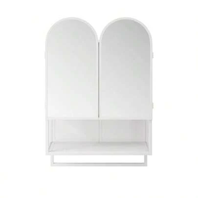 Modern 60cm Double Arch Medicine Cabinet, 2 Doors, Metal Wall Unit With Open Shelf And Towel Rail, Ideal For Bathroom, Living Room And Bedroom, Black.