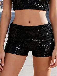 Women Sequin Mini Shorts Low Rise Summer Going Out Micro Shorts Night Out Party Club Outfits - Black - View 1